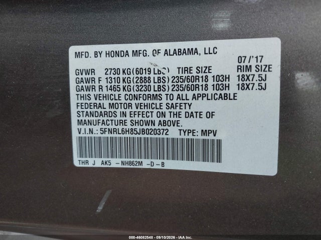 Aukcja sprzedaży 2018 Honda Odyssey Touring, vin: 5FNRL6H85JB020372, numer aukcji: 46082548