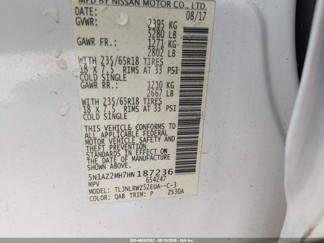 46082552 :رقم المزاد ، 5N1AZ2MH7HN187236 vin ، 2017 Nissan Murano Sl مزاد بيع