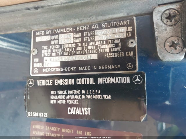 46082553 :رقم المزاد ، WDBBA45A3DB022680 vin ، 1983 Mercedes-benz 380 Sl مزاد بيع