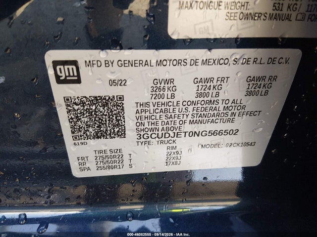 46082555 :رقم المزاد ، 3GCUDJET0NG566502 vin ، 2022 Chevrolet Silverado 1500 4wd  Short Bed High Country مزاد بيع