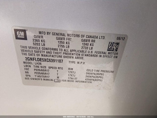 46082562 :رقم المزاد ، 2GNFLDE5XC6391187 vin ، 2012 Chevrolet Equinox 1lt مزاد بيع