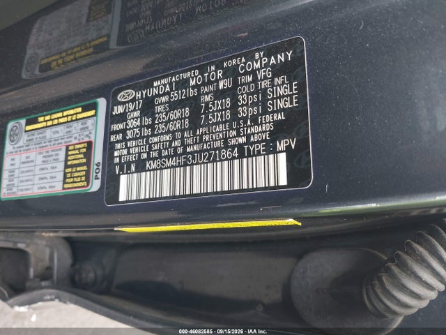 2018 Hyundai Santa Fe Se მანქანა იყიდება აუქციონზე, vin: KM8SM4HF3JU271864, აუქციონის ნომერი: 46082585