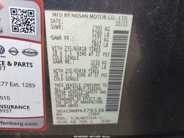 Nissan MURANO SL 2015 5N1AZ2MH8FN276536 Image 9