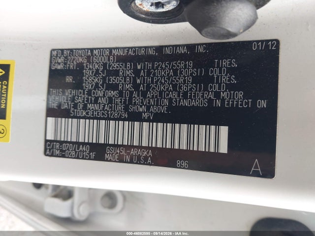 Aukcja sprzedaży 2012 Toyota Highlander Limited V6, vin: 5TDDK3EH3CS128794, numer aukcji: 46082595