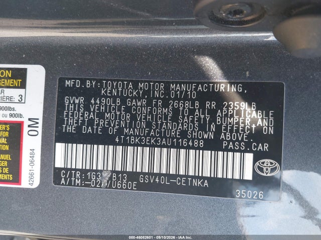 2010 Toyota Camry Le V6 მანქანა იყიდება აუქციონზე, vin: 4T1BK3EK3AU116488, აუქციონის ნომერი: 46082601