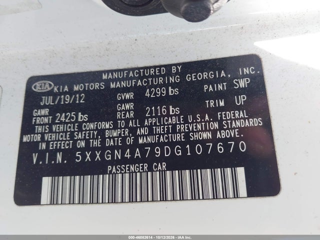 Продаж на аукціоні авто 2013 Kia Optima Ex, vin: 5XXGN4A79DG107670, номер лоту: 46082614