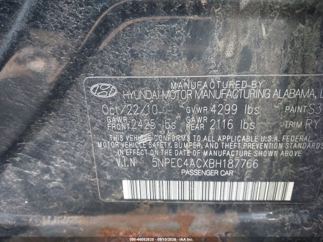 2011 Hyundai Sonata Se მანქანა იყიდება აუქციონზე, vin: 5NPEC4ACXBH187766, აუქციონის ნომერი: 46082620