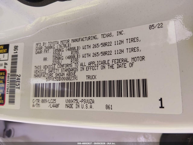 2022 Toyota Tundra Hybrid Capstone მანქანა იყიდება აუქციონზე, vin: 5TFVC5DBXNX002391, აუქციონის ნომერი: 46082627