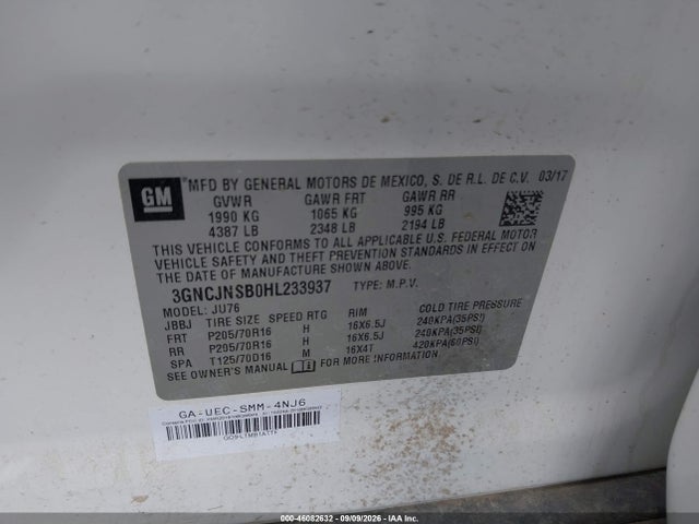 Auction sale of the 2017 Chevrolet Trax Ls, vin: 3GNCJNSB0HL233937, lot number: 46082632