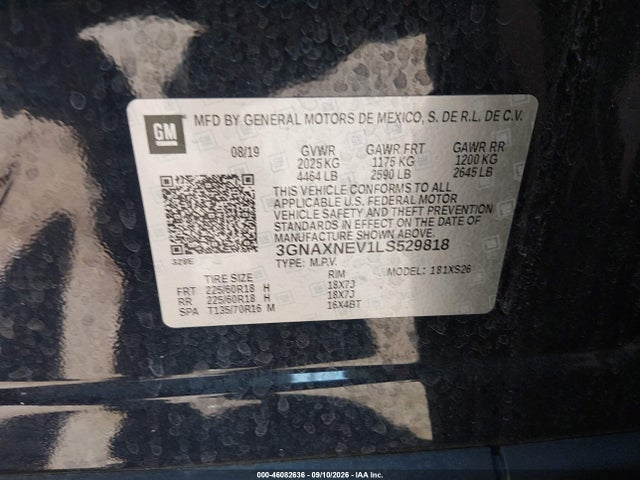 2020 Chevrolet Equinox Fwd Premier 1.5l Turbo მანქანა იყიდება აუქციონზე, vin: 3GNAXNEV1LS529818, აუქციონის ნომერი: 46082636
