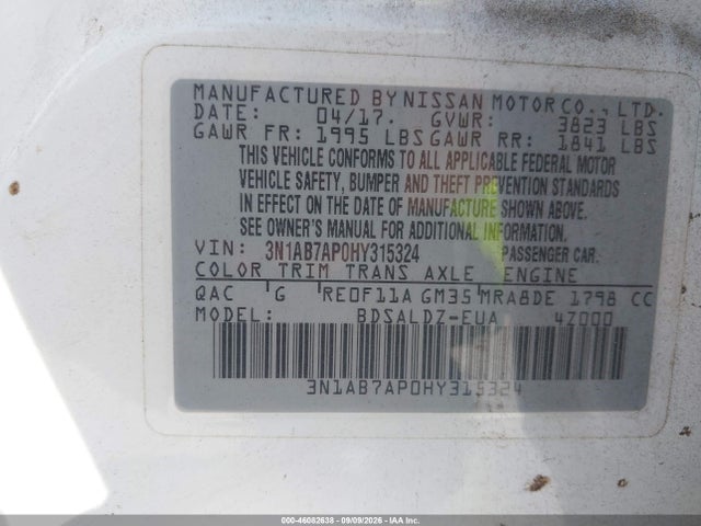 Aukcja sprzedaży 2017 Nissan Sentra Sv, vin: 3N1AB7AP0HY315324, numer aukcji: 46082638
