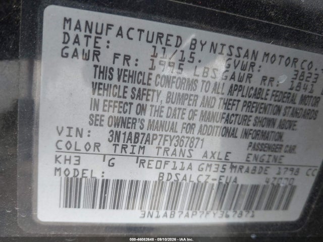 Aukcja sprzedaży 2015 Nissan Sentra S, vin: 3N1AB7AP7FY367871, numer aukcji: 46082648