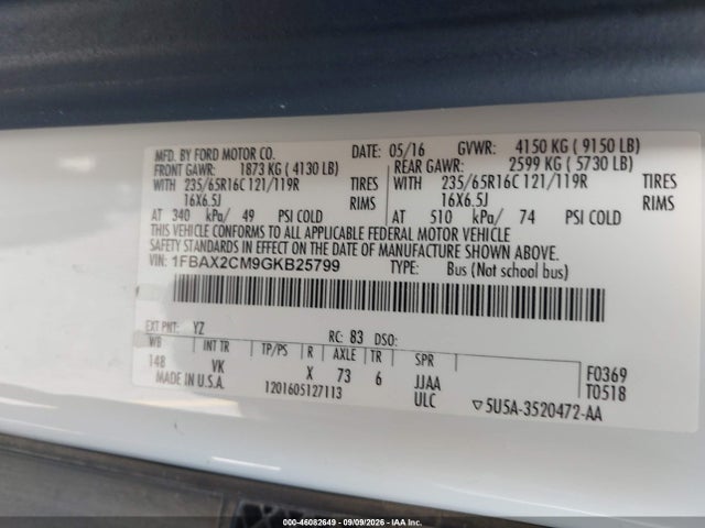 Aukcja sprzedaży 2016 Ford Transit-350 Xl, vin: 1FBAX2CM9GKB25799, numer aukcji: 46082649