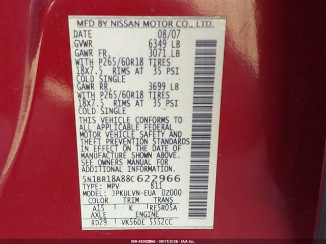 Продажа на аукционе авто 2008 Nissan Pathfinder Le V8, vin: 5N1BR18A88C622966, номер лота: 46082655