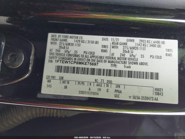 2021 Ford F-150 Xl მანქანა იყიდება აუქციონზე, vin: 1FTEW1CP8MKE75697, აუქციონის ნომერი: 46082659