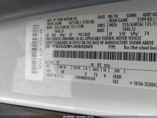 Продаж на аукціоні авто 2018 Ford Transit-350 Xl, vin: 1FBZX2ZM1JKB52805, номер лоту: 46082681