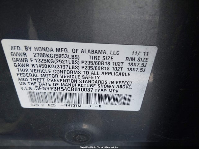 Продаж на аукціоні авто 2012 Honda Pilot Ex-l, vin: 5FNYF3H54CB010037, номер лоту: 46082685