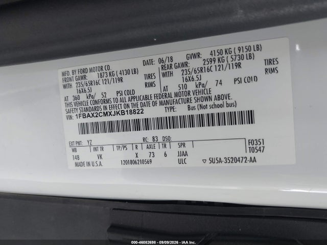 Aukcja sprzedaży 2018 Ford Transit-350 Xl, vin: 1FBAX2CMXJKB18822, numer aukcji: 46082698