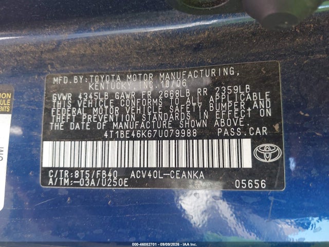 2007 Toyota Camry Le მანქანა იყიდება აუქციონზე, vin: 4T1BE46K67U079988, აუქციონის ნომერი: 46082701