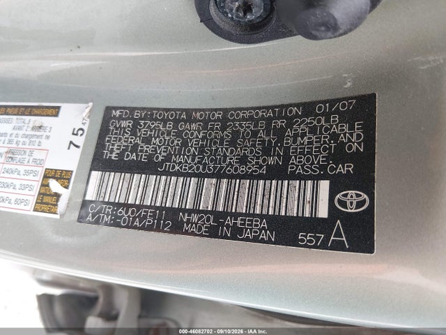 46082702 :رقم المزاد ، JTDKB20U377608954 vin ، 2007 Toyota Prius مزاد بيع