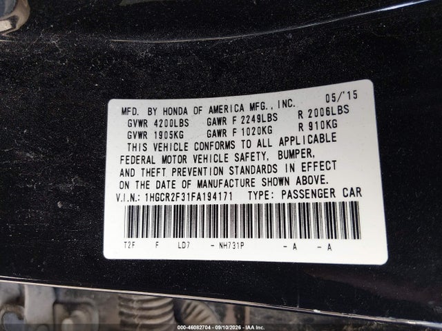 Aukcja sprzedaży 2015 Honda Accord Lx, vin: 1HGCR2F31FA194171, numer aukcji: 46082704