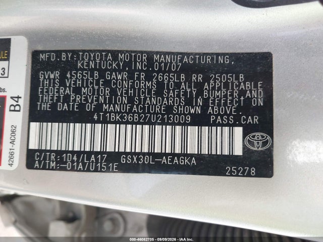 Aukcja sprzedaży 2007 Toyota Avalon Xls, vin: 4T1BK36B27U213009, numer aukcji: 46082705