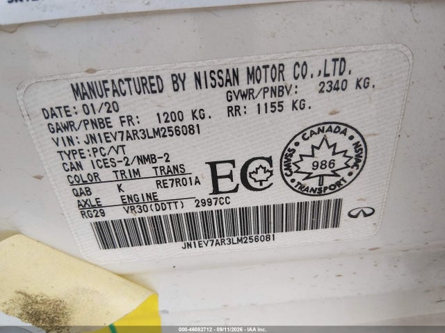 46082712 :رقم المزاد ، JN1EV7AR3LM256081 vin ، 2020 Infiniti Q50 مزاد بيع