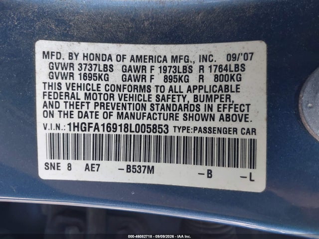 Продажа на аукционе авто 2008 Honda Civic Ex-l, vin: 1HGFA16918L005853, номер лота: 46082718