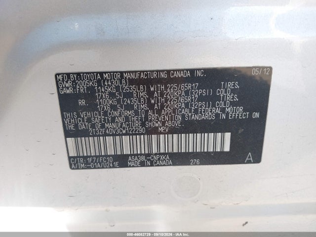 46082729 :رقم المزاد ، 2T3ZF4DV3CW122290 vin ، 2012 Toyota Rav4 مزاد بيع
