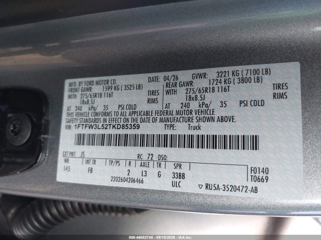 Aukcja sprzedaży 2026 Ford F-150 Xlt, vin: 1FTFW3L52TKD85359, numer aukcji: 46082740