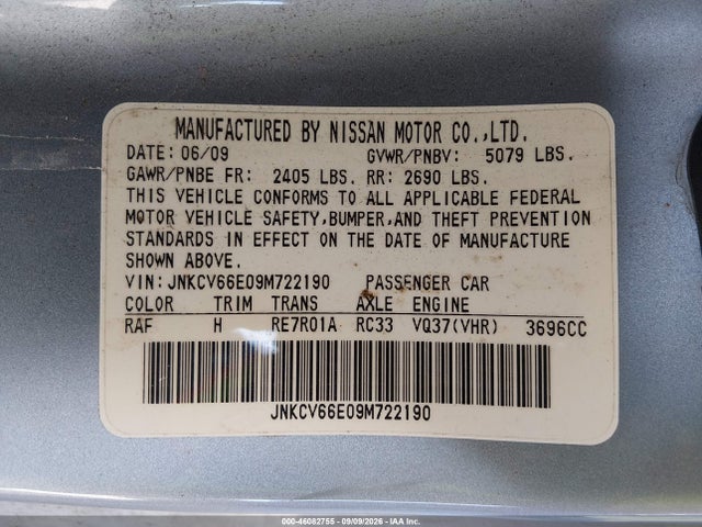 46082755 :رقم المزاد ، JNKCV66E09M722190 vin ، 2009 Infiniti G37 مزاد بيع
