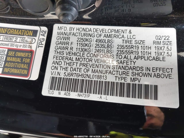 Продажа на аукционе авто 2022 Honda Cr-v Hybrid Touring, vin: 5J6RT6H92NL018813, номер лота: 46082758