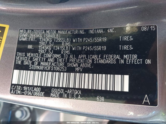 Toyota Highlander Limited V6 2015 5TDYKRFH3FS106253 Image 9