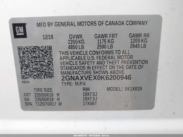 46082791 :رقم المزاد ، 2GNAXVEX0K6200946 vin ، 2019 Chevrolet Equinox Lt مزاد بيع