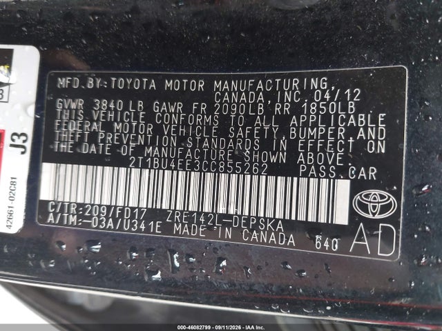 Aukcja sprzedaży 2012 Toyota Corolla S, vin: 2T1BU4EE3CC855262, numer aukcji: 46082799