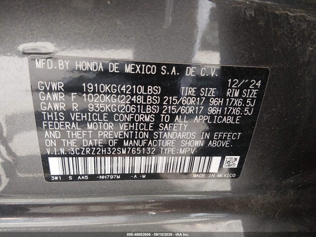 3CZRZ2H32SM765132 Honda Hr-v Awd Lx