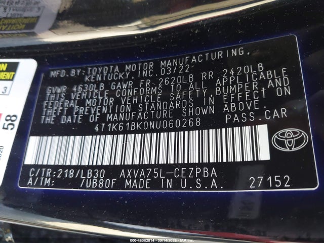 2022 Toyota Camry Xse Awd მანქანა იყიდება აუქციონზე, vin: 4T1K61BK0NU060268, აუქციონის ნომერი: 46082814