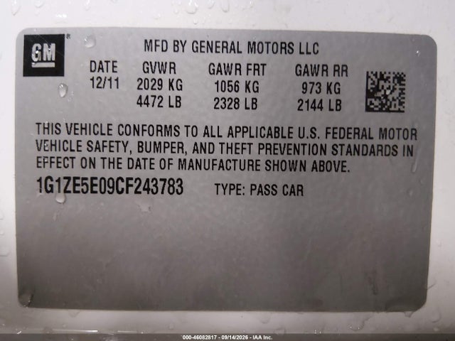 46082817 :رقم المزاد ، 1G1ZE5E09CF243783 vin ، 2012 Chevrolet Malibu 1lz مزاد بيع