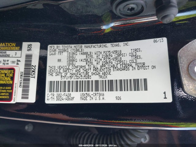 2013 Toyota Tundra Grade 5.7l V8 მანქანა იყიდება აუქციონზე, vin: 5TFUY5F13DX315203, აუქციონის ნომერი: 46082838