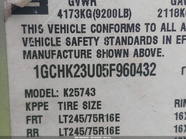 2005 Chevrolet Silverado 2500hd Ls მანქანა იყიდება აუქციონზე, vin: 1GCHK23U05F960432, აუქციონის ნომერი: 46082840