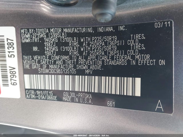 46082847 :رقم المزاد ، 5TDXK3DC9BS135105 vin ، 2011 Toyota Sienna Se مزاد بيع