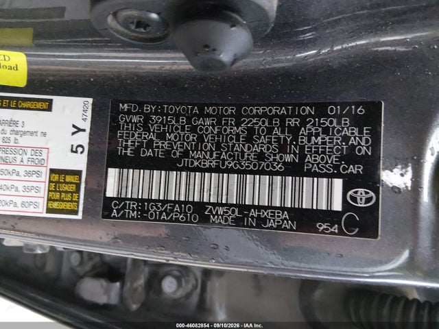 46082854 :رقم المزاد ، JTDKBRFU9G3507036 vin ، 2016 Toyota Prius Two مزاد بيع