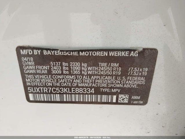 2019 Bmw X3 Sdrive30i მანქანა იყიდება აუქციონზე, vin: 5UXTR7C53KLE88334, აუქციონის ნომერი: 46082879