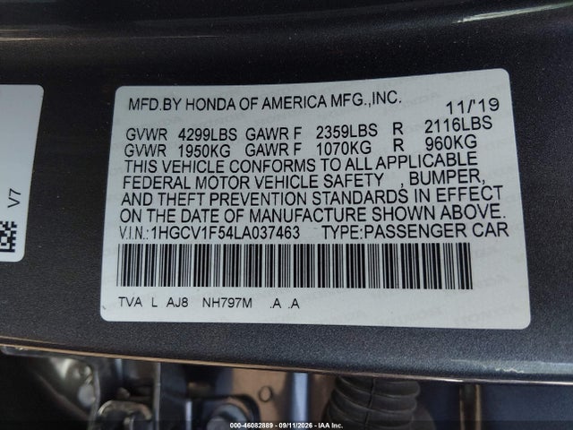 2020 Honda Accord Ex-l მანქანა იყიდება აუქციონზე, vin: 1HGCV1F54LA037463, აუქციონის ნომერი: 46082889