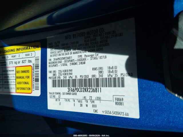 46082893 :رقم المزاد ، 3FA6P0CD2KR236811 vin ، 2019 Ford Fusion Sel مزاد بيع
