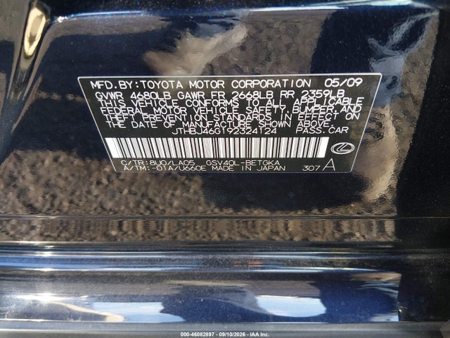 Aukcja sprzedaży 2009 Lexus Es 350, vin: JTHBJ46G192324124, numer aukcji: 46082897