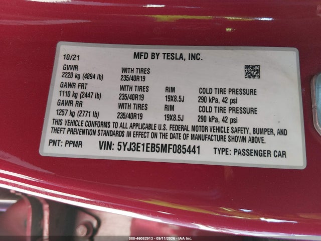 Tesla Model 3 Long Range Dual Motor All-wheel Drive 2021 5YJ3E1EB5MF085441 Image 9