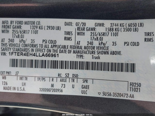 46082923 :رقم المزاد ، 1FTER4EH4LLA66961 vin ، 2020 Ford Ranger Xlt مزاد بيع