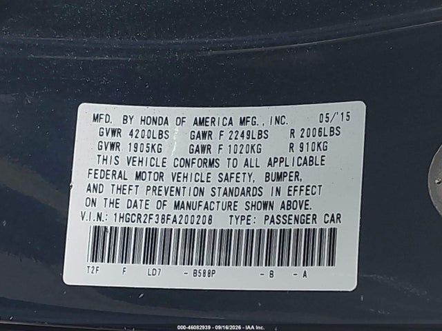 46082939 :رقم المزاد ، 1HGCR2F38FA200208 vin ، 2015 Honda Accord Lx مزاد بيع