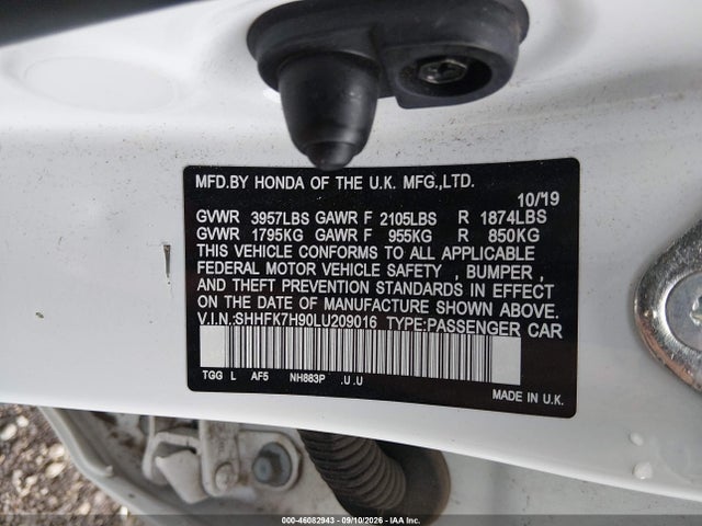 Продаж на аукціоні авто 2020 Honda Civic Sport Touring, vin: SHHFK7H90LU209016, номер лоту: 46082943